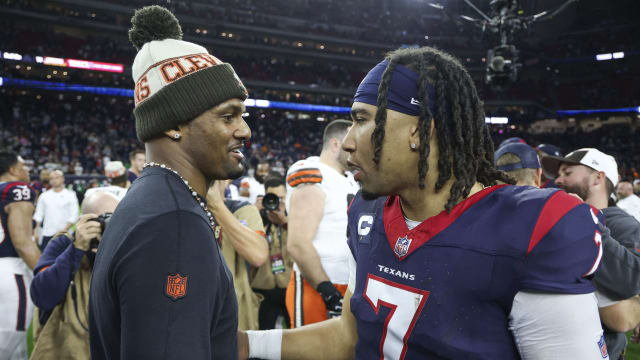 Jan 13, 2024; Houston, Texas, USA; Cleveland Browns quarterback Deshaun Watson (left) and Houston Texans quarterback C.J. Stroud (7) greet on the field after a 2024 AFC wild card game at NRG Stadium. Mandatory Credit: Troy Taormina-USA TODAY Sports
